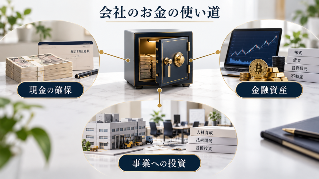中央の金庫から「現金の確保」「事業への投資」「金融資産」へ分岐し、現金・工場模型・ビットコインなどで企業のお金の使い道を示した図解。