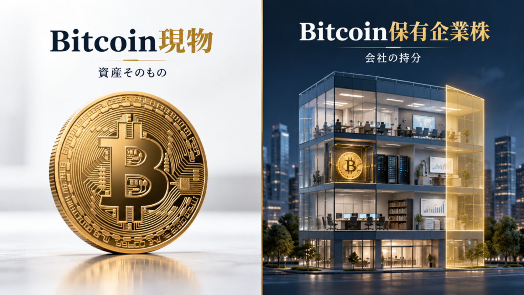 左にBitcoin現物、右にBitcoinを保有する企業ビルを配置し、資産そのものを持つ場合と企業株を持つ場合の違いを示した比較図。