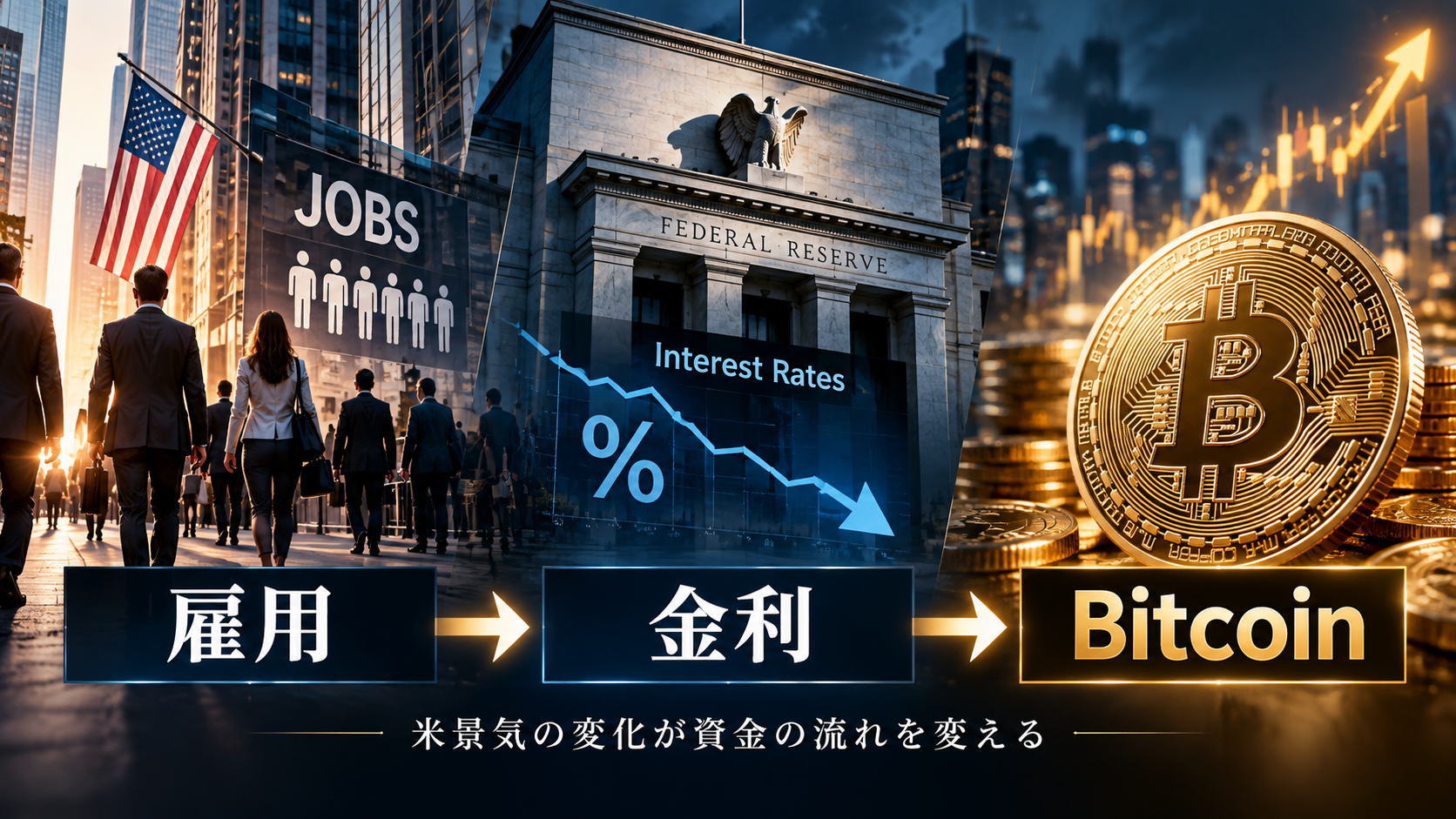 米雇用の変化がFRBの金利見通しを通じてBitcoinへ影響する流れを示したイメージ画像